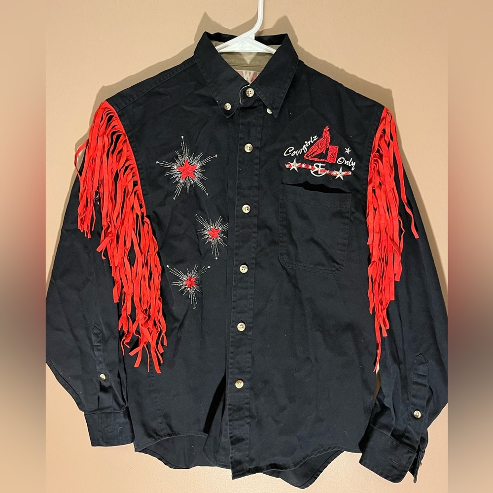 Beautiful black barrel racing show shirt with red fringe.